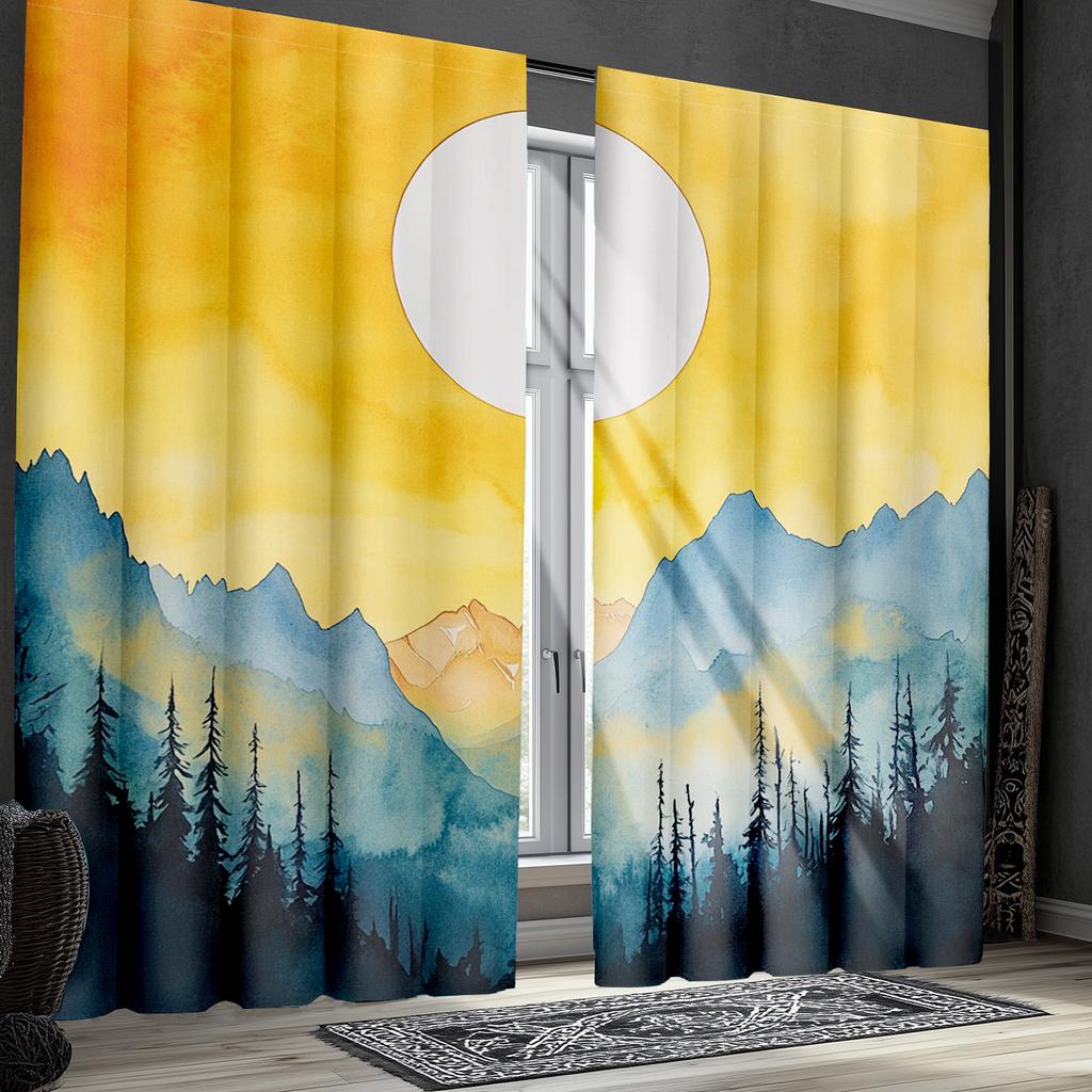 2pcs Abstract Nature Curtains, Mountain and Sun Vintage Design for Bedroom and Living Room