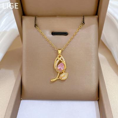 Pink Tulip Light Luxury Temperament Gorgeous Full Diamond Necklace Female Versatile Collarbone Chain Titanium Steel Chain