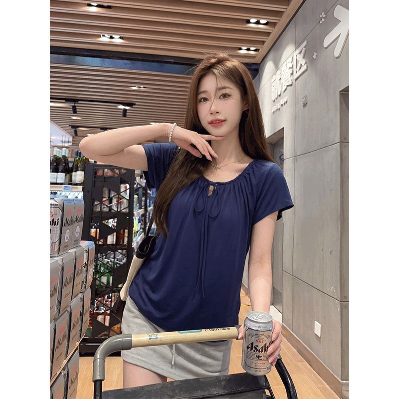 Design Sense Niche Lace-up White Short-sleeved T-shirt Women's New Summer Korean Chic Chic Loose Casual Top