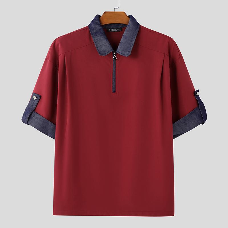 

INCERUN Oversized Men Zip-Up Lapel Neck Stitching Color Short Sleeve T-shirts Tops