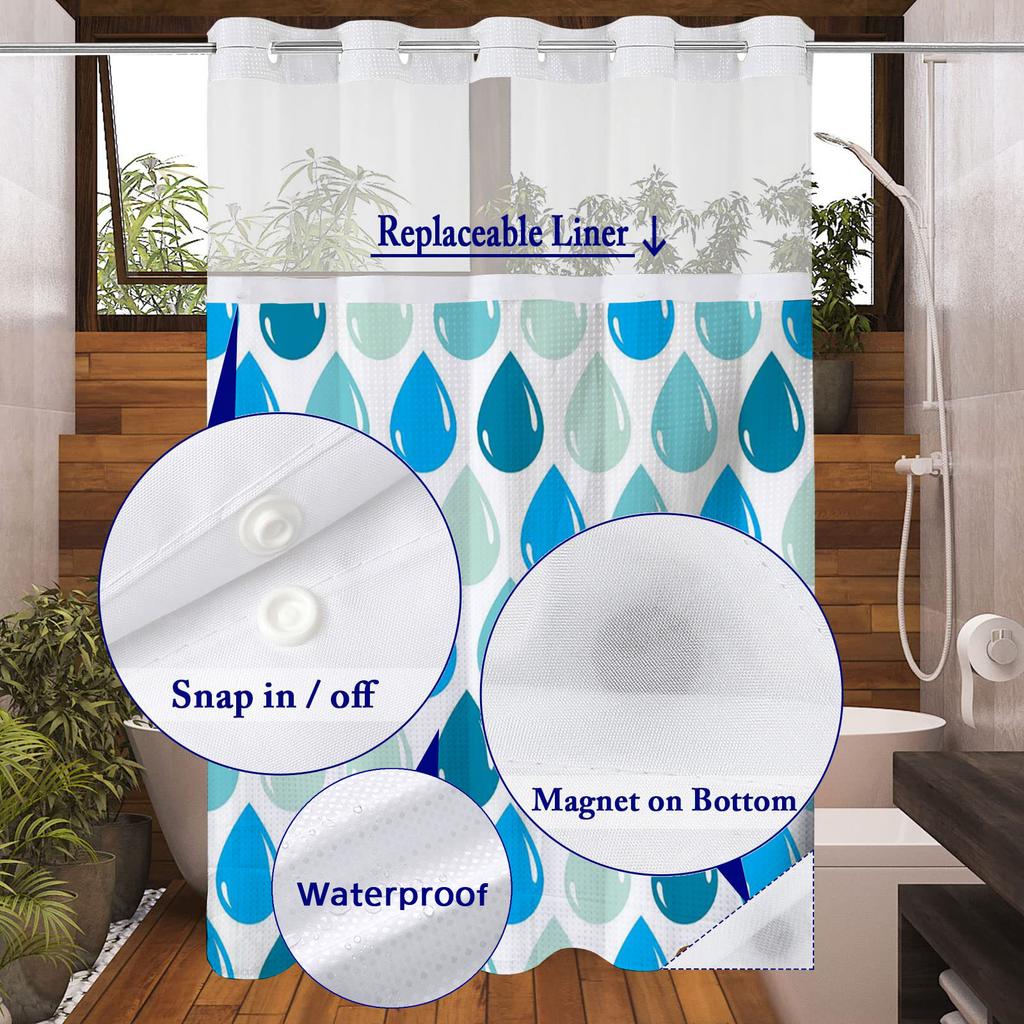No Hook Water Drop Pattern Shower Curtain With Snap-In Fabric Liner, Sheer Top Window, Waterproof Double Layer Bathtub Curtain