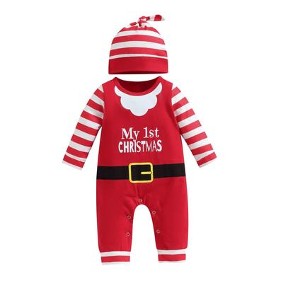 Neugeborenen Baby Kleinkind Weihnachten Santa Kostüm Kleidung Streifen Brief Drucken Rundhals Langarm Strampler Overall