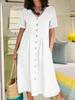 Women's Summer Plus Size Long Dress V-Neck Short Sleeve Button-Up Maxi Dress Loose Solid Color Cotton Linen Dress