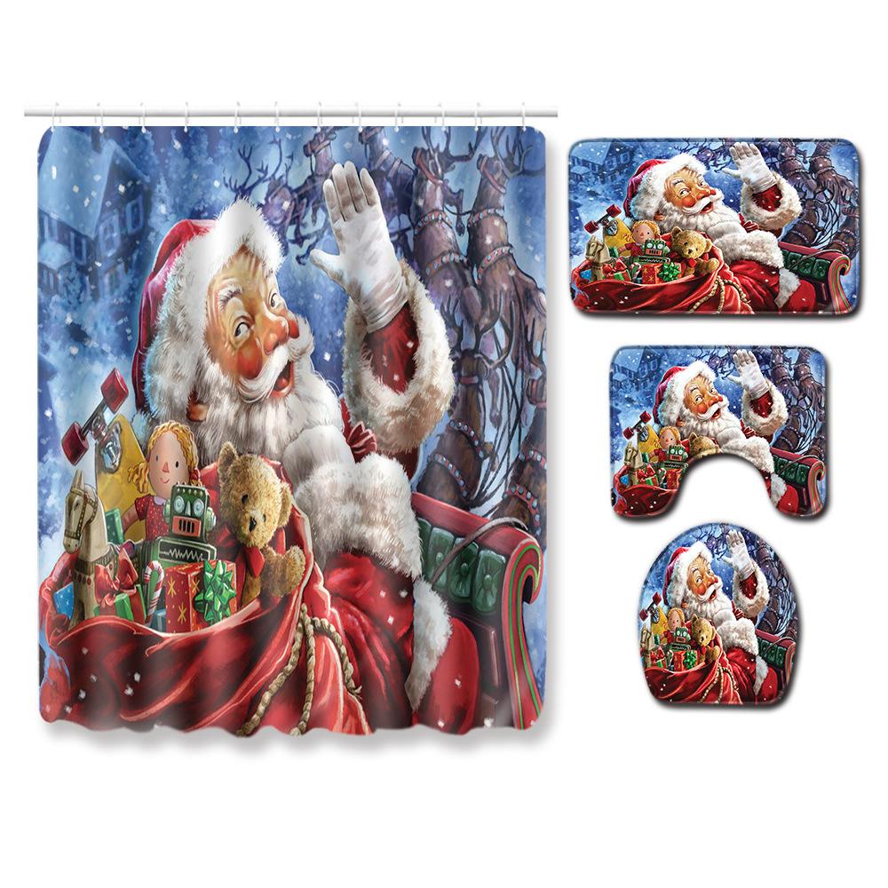Christmas Shower Curtain Floor Mat Combination Four-Piece Set Bathroom Toilet Carpet Shower Room Mat Foot Mat