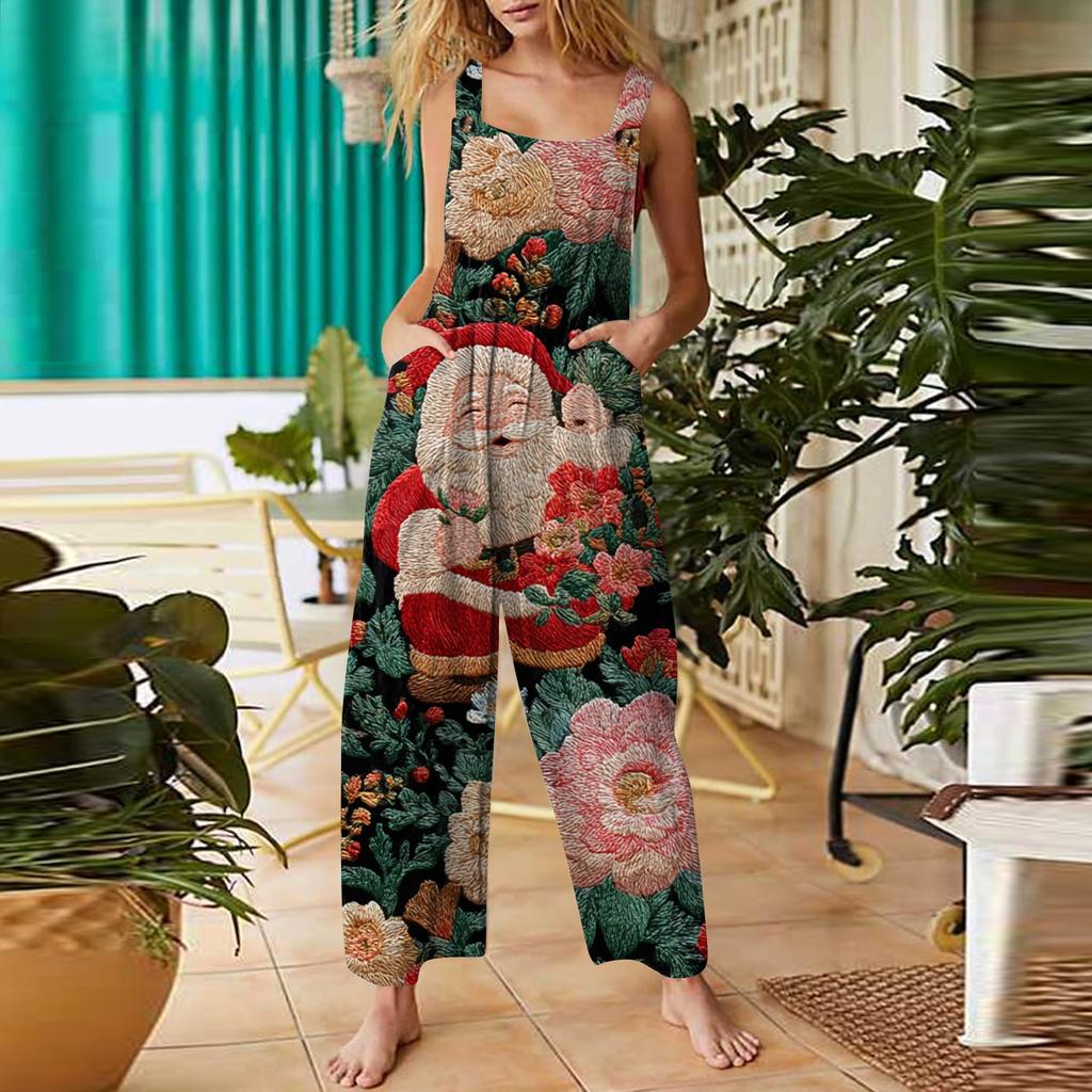 Women's Casual Jumpsuit Sleeveless Christmas Printed Cotton Jumpsuit
