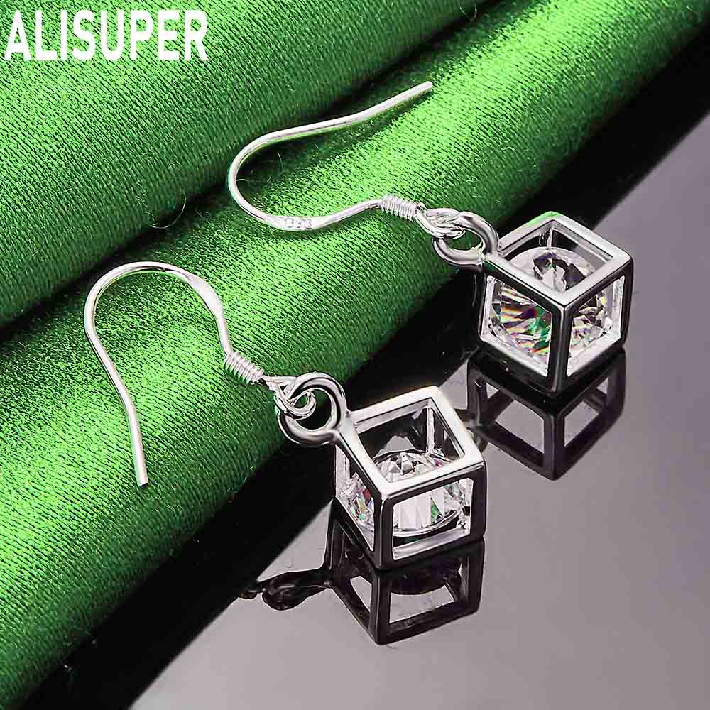 925 Sterling Silver Square AAA Zircon Piercing Earrings Fashion Charm Wedding Jewelry