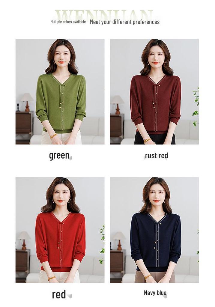 Mom's New Year Red Knit Top for Middle-Aged & Elderly Women - Stylish Chinese Style Year of the Rat Base Layer
