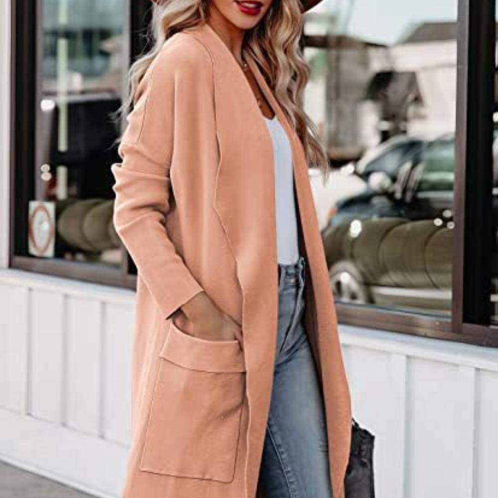 2025 Women's Autumn Casual Loose Solid Color Long Cardigan Pocket Woolen Coat