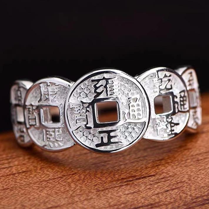 S925 Sterling Silver Five Emperors Coins Adjustable Ring: Domineering Retro Style for Men & Women, Wealth-Attracting Index Finger Jewelry Gift.