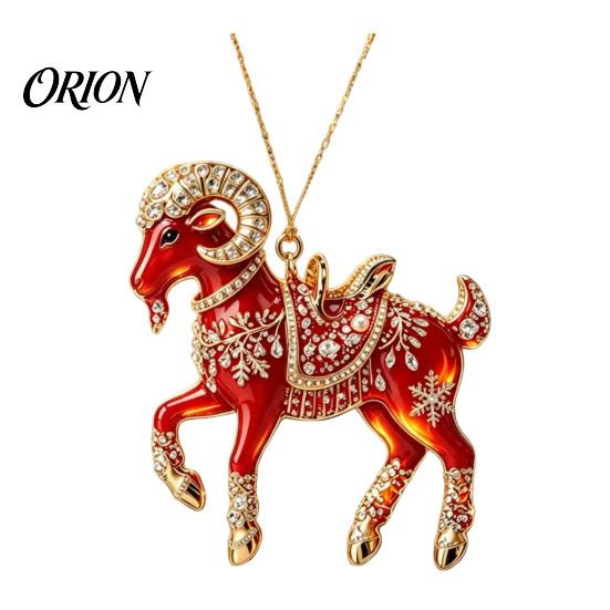 Festive Flame Red Pendant Acrylic Goat Christmas Tree Pendant, Decorative Hanging Ornament with Decoration Rhinestone, Golden Cord for New Year Party
