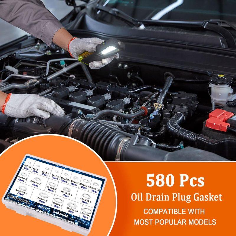580PCS Oil Crush Washer Kit, 18 Sizes Drain Plug Gaskets for Automotive, Aluminum M6-M24