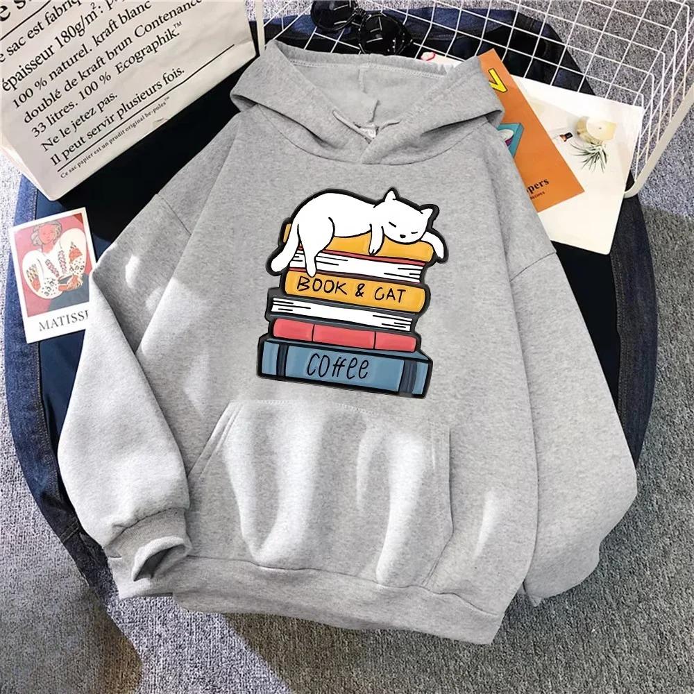 White Cat Sleeping on A Pile of Books Hoodie Women Novelty Fashion 2D Hoody Loose Oversized Basic New Casual Daily Autumn Hoodie