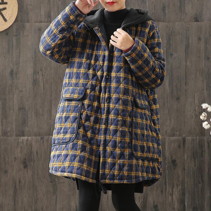 Inverno Retro Largo Spesso Trapuntato Tessuto di Cotone Taglia Grande Imbottito di Cotone Vestiti da Donna Cotone Lino Plaid con Cappotto Medio Lungo