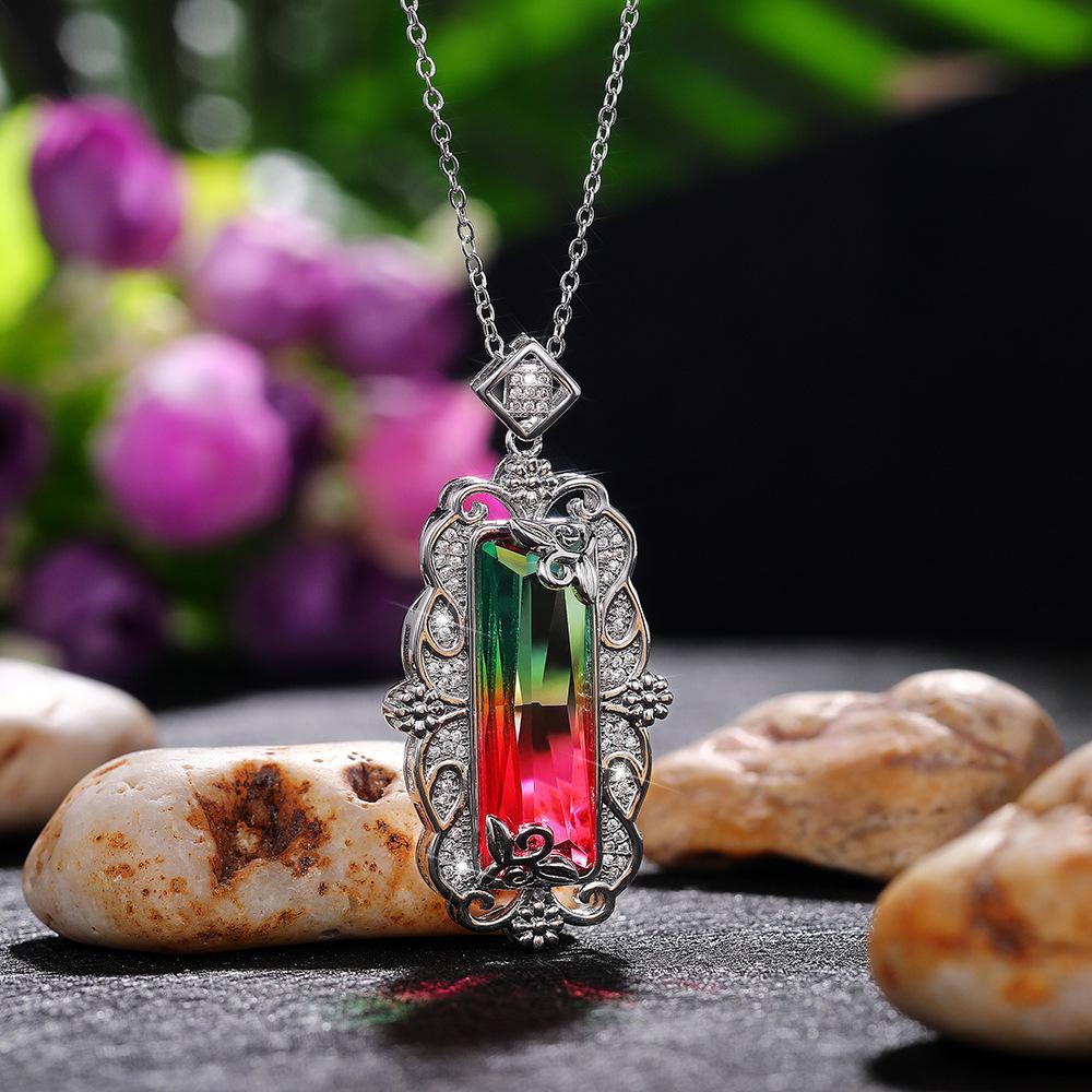 Silver Plated Marquise Cut Gradient CZ Pendant Necklace, Ornate Floral Vintage Cable Chain Necklace for Women