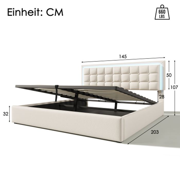 Lit avec cadre de lit LED - MUVOE - 140x200cm - Similicuir blanc - Matelas inclus - Espace de rangement