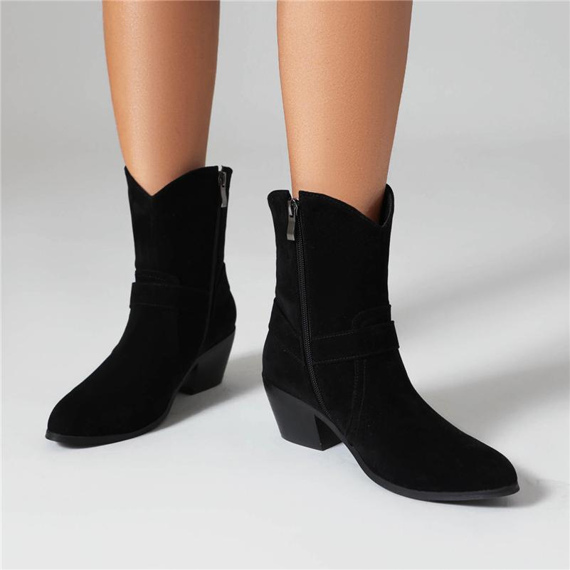 Dámské Kotníkové kovbojské boty s kulatou špičkou Robustní střední podpatky zip západní kovbojské krátké boty dámská módní obuv zimní 46