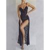 INS European and American Sexy Silm Lace See-through Deep V Slit Sling Dress Long Dress Sexy Lace Dress