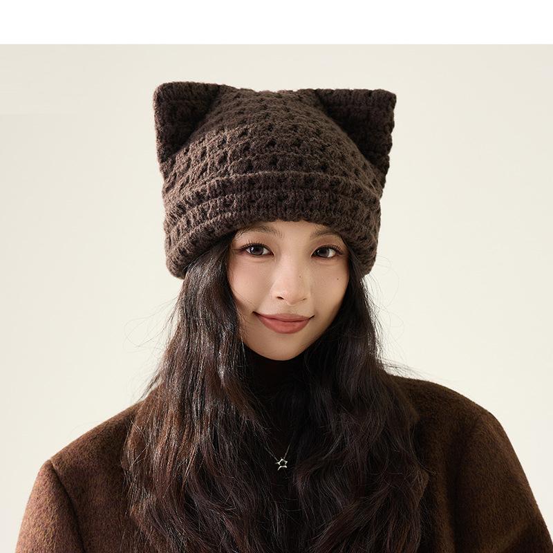 Katzenohren Wollmütze Herbst Winter Großer Kopf Warm Ohrenschutz Strickmütze