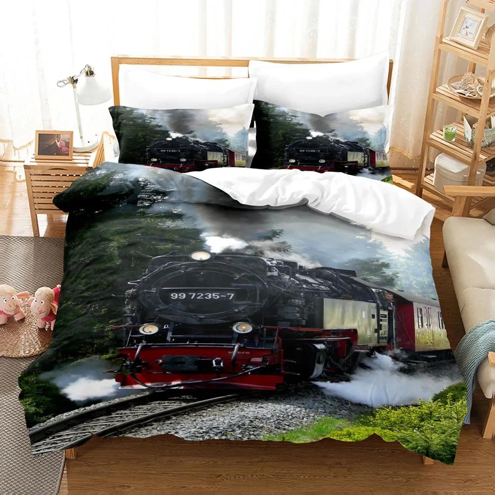 Steam Engine King Queen Duvet Cover Vintage Train Rail Bedding Set For Teens Adults Retro Transportation Polyester Quilt Cover