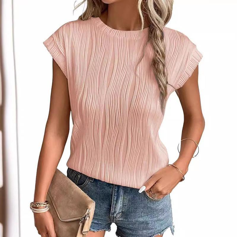 Crew Neck Krátký rukáv pro ženy Letní plisovaný potisk Pevný krátký rukáv Ležérní Módní Tričko Prodyšné Lehké Pohodlné Práce Dovolená Top
