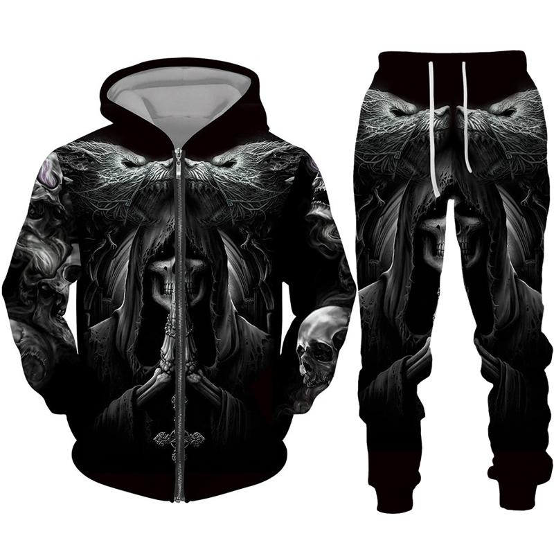 Sudadera con cremallera negra y pantalón con estampado 3D de calavera fresca, conjunto de chándal estilo gótico punk para hombre y mujer, conjunto de chándal 2026, disfraz de streetwear para Halloween