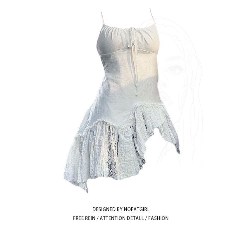 

Plus size Fat Sister Pure Desire Wind Irregular Patchwork Bow Beveled Edge Sling Women Spring and Summer Design Sense Niche Top White Camisole M