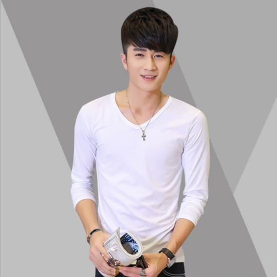 Long Sleeve Men's T-Shirt Slim Fit V-Neck Casual Solid Color Tee Bottoming Top