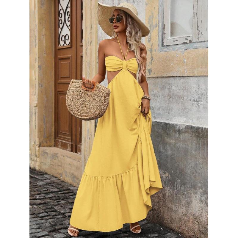 European Summer New Sexy Neck Sling Backless Pleated Chest Vacation Style Dress