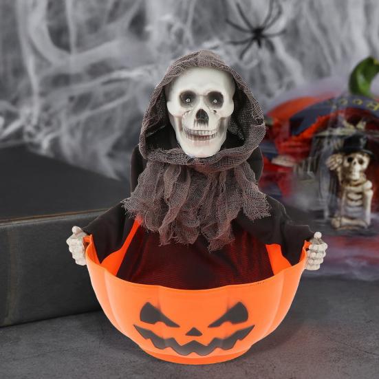 Halloween Skeleton Candy Bowl Animated Skull Candy Dish with Motion Activated Horror Halloween Candy Server with LED Eyes And Creepy Sound