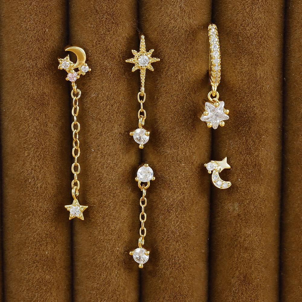 5pcs Sets Vintage Star Moon Zircon Earrings For Women Girls Luxury Delicate Small Long Tassel Stud Earrings Fashion Jewelry