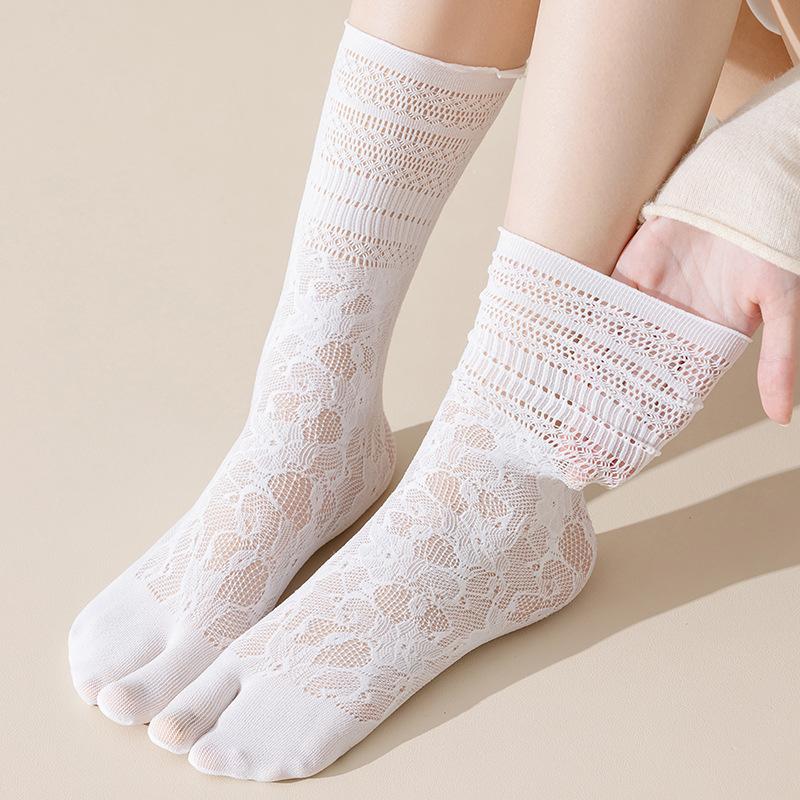 1 Pairs Lace Toe Socks Women Summer Hollow Out Mesh Five Finger Socks High Tube Cotton Socks With With Separate Fingers