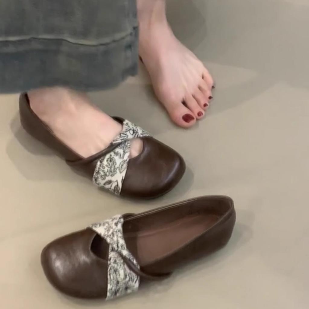 Guttega~ Weiches Leder Französische flache Schleife Leichter Mund Einzelne Schuhe Damen Retro Ein-Pedal Mary Jane Oma-Schuhe