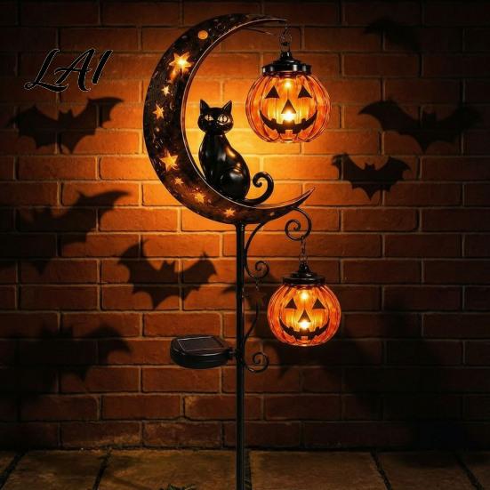 Spooky Outdoor Patio Accents Solar Halloween Metal Garden Stake Light Auto On/Off Crescent Moon Black Cat with Hanging Vintage Style Stakes