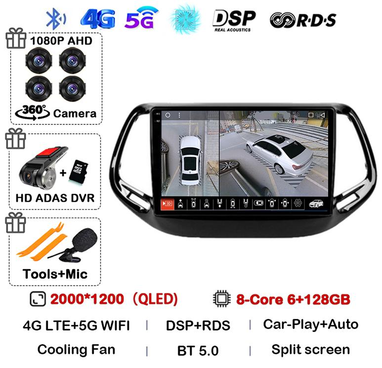 Android 14 Carplay Auto Car Radio For Jeep Compass 2017 2018 2019 GPS Navigation Stereo Multimedia Video Player 360 Camera WIFI