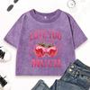 Love You Cherry Much Print Washed Crop T-Shirts Women Street Slim T Shirt Summer Top Crewneck Cotton Short Sleeve