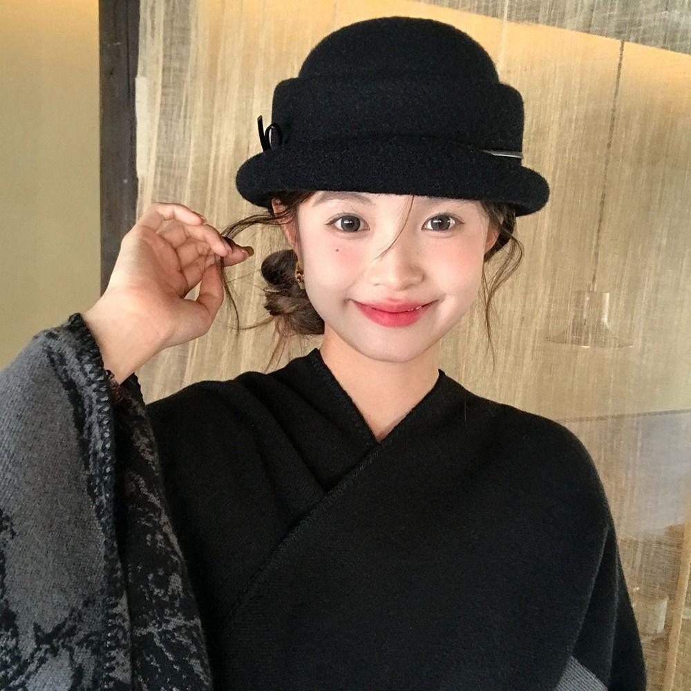 French Style Hepburn Style Topper Hat Bow Wool Fisherman Hat Retro Woolen Bucket Hat  Streetwear