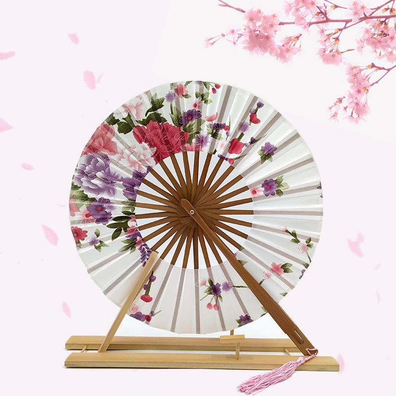 Japanese Sakura Flower Printed Fans Folding Fans Ancient Tassel Round Hand Fan Dance Performance Photo Prop Wedding Party Decor