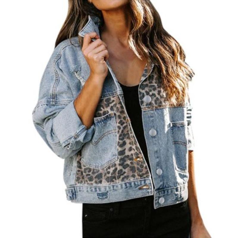 Women Denim Jacket Leopard Splicing Long Sleeves Loose Button Pocket Turn-down Collar Casual Autumn Winter Ladies Female Coat Outwear Womenswear