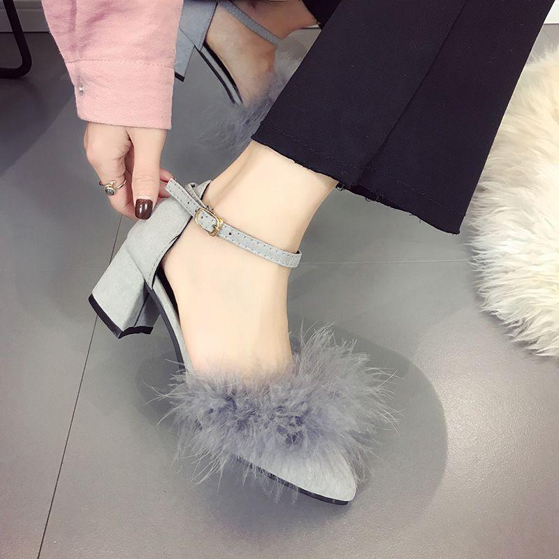 

Модная обувь черного цвета, женская обувь синего цвета на среднем каблуке, лето 2024 года, босоножки на блочном каблуке для женщин с толстым острым носком, повседневные, VIP 39