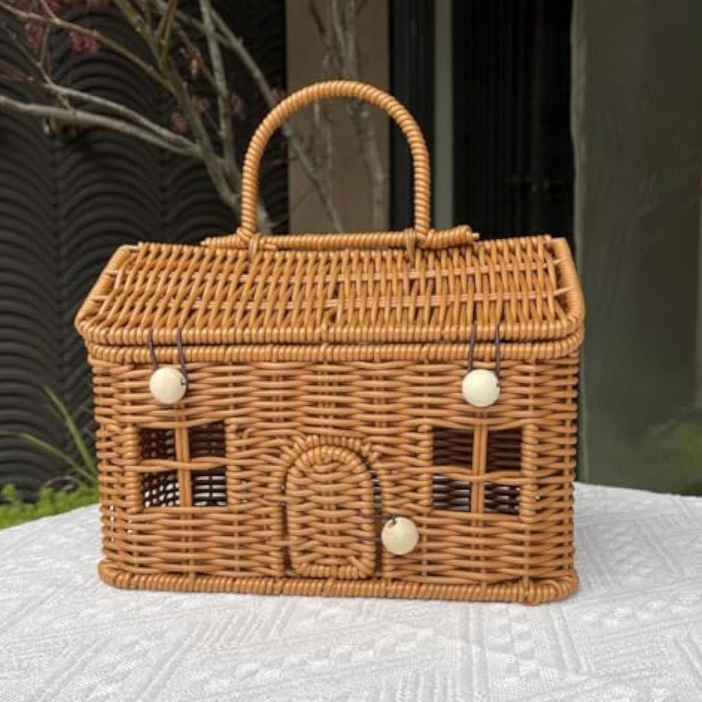 Rattan Storage Basket House Shape with Lid Organizer Box for Home Closet Pantry Organization Toys Blankets Books Picnic Supplies