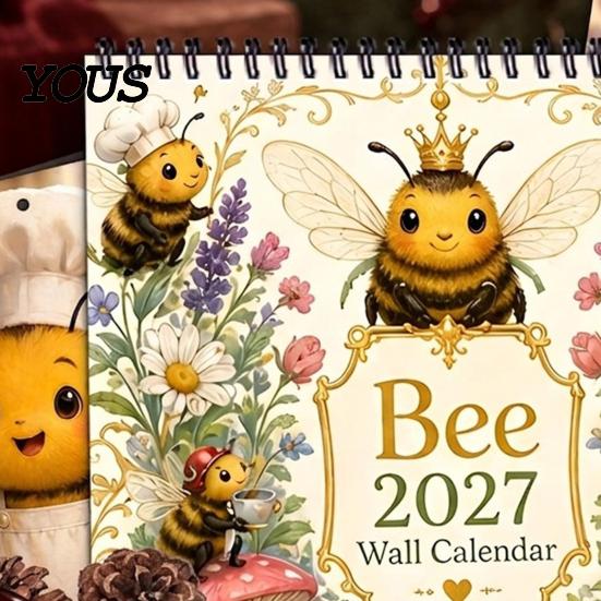 Office Schedule Planning Tool 2027 Bee Themed Desktop Calendar, Spiral Binding And Thickened Cute Illustration Stationery Paper Planner, Decorative