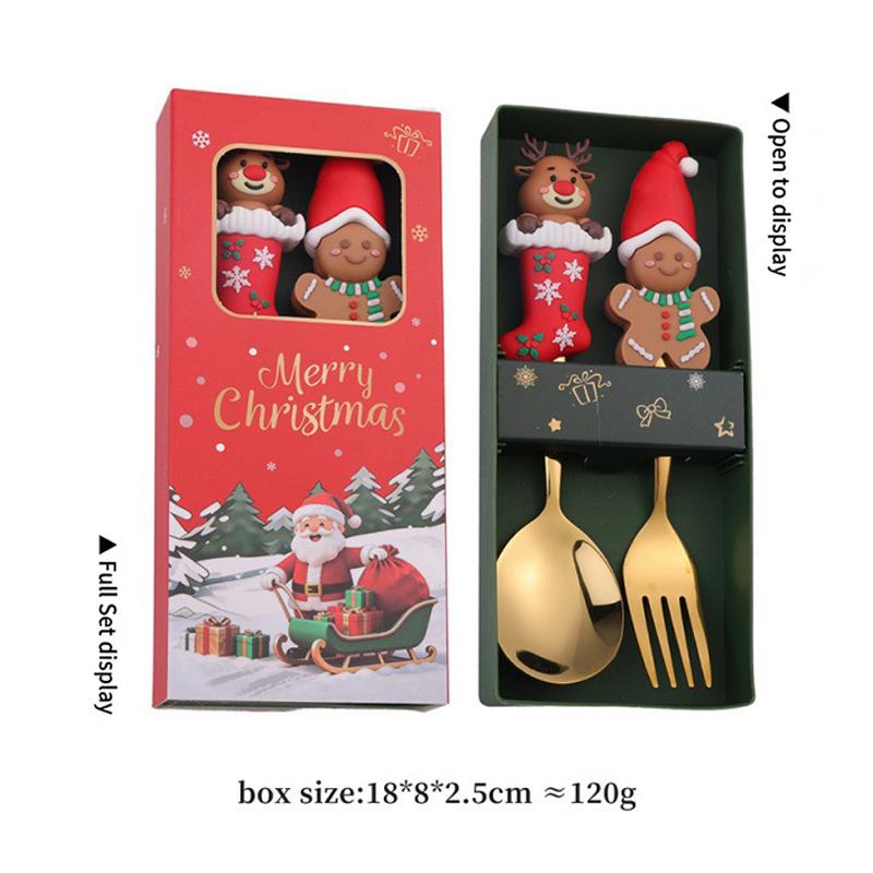 2Pcs Christmas Themed Gold Spoon Fork Set With Cute Santa Gingerbread Tree Handles For Holiday Dinner Parties And Xmas Gift