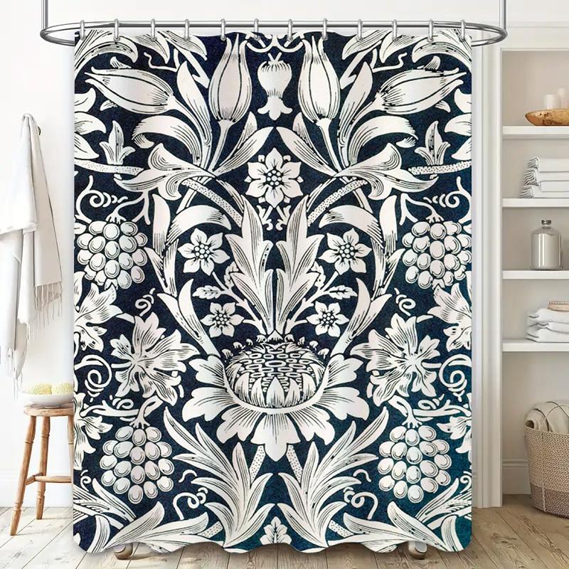 Vintage Floral Shower Curtain with Soft Waterfall Effect for Bathroom Decor Navy White Elegant Print, Durable Waterproof Fabri