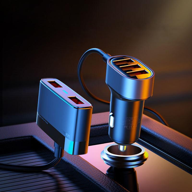 Joyroom 5-Port USB Car Charger with 6.2A Output & Extension Cable, Black (JR-CL03)