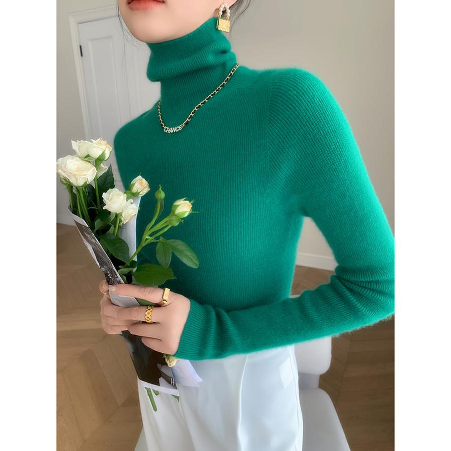 High Neck Cashmere Wool Sweater Women's Solid Color Drawstring Base Layer Slim Fit Thin Knit Pullover Autumn Winter Inner Wear