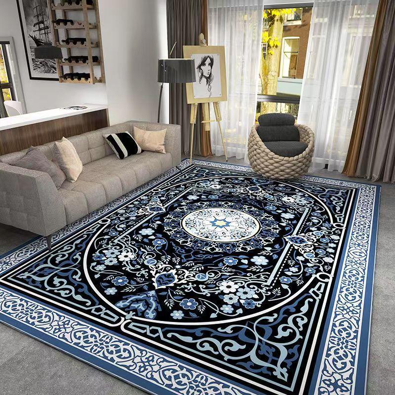 Persian Style Area Rugs Intricate Medallion Design Blue Black Beige Colors for Elegant Living Room Decor