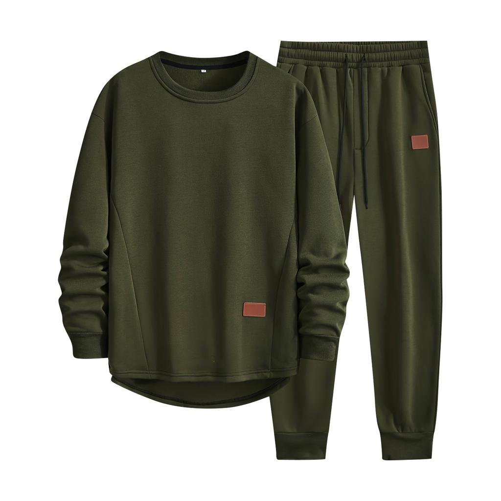 Men's Solid Color Round Neck Suit Casual Sports Long Sleeve Trousers Two Piece Suit