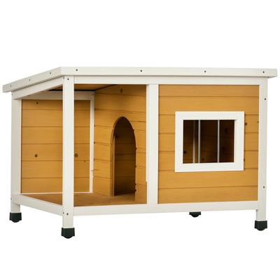 Dog House with Porch, Foldable Roof, Window, Adjustable Feet, Natural Wood, Orange, 85.5 X 62 X 60 Cm