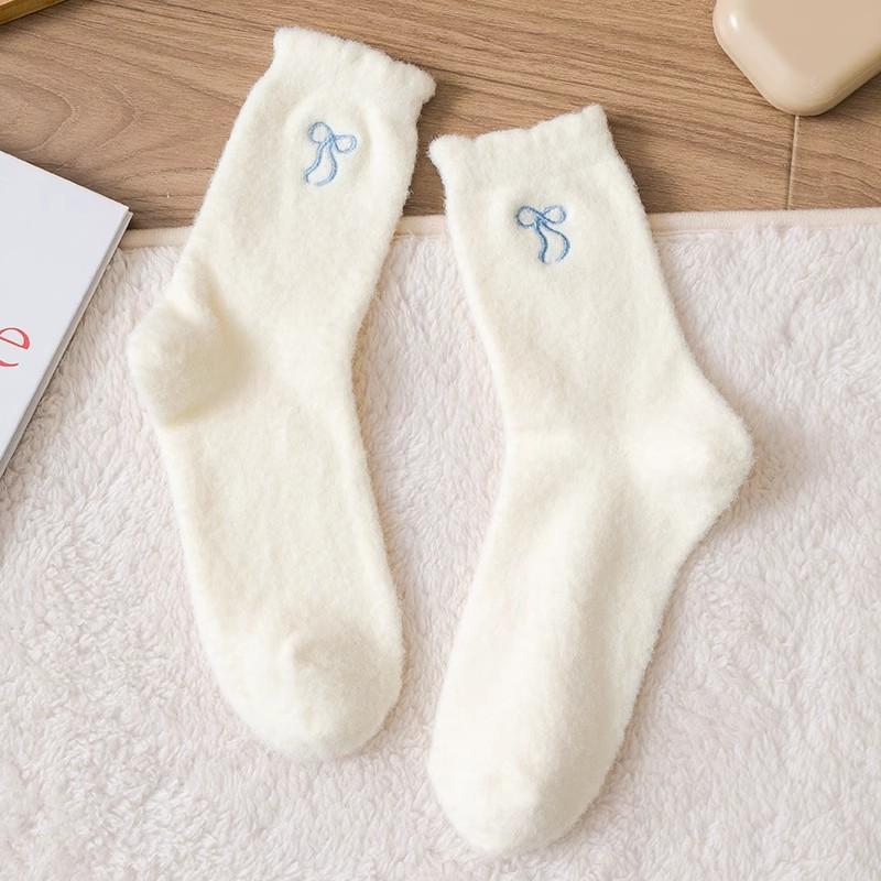 1/5pcs Cozy Hairy Mink Velvet Socks Bow Autumn Winter Hosiery Thickened Plush Socks Warm Sleep Home Fluffy Socks For Women
