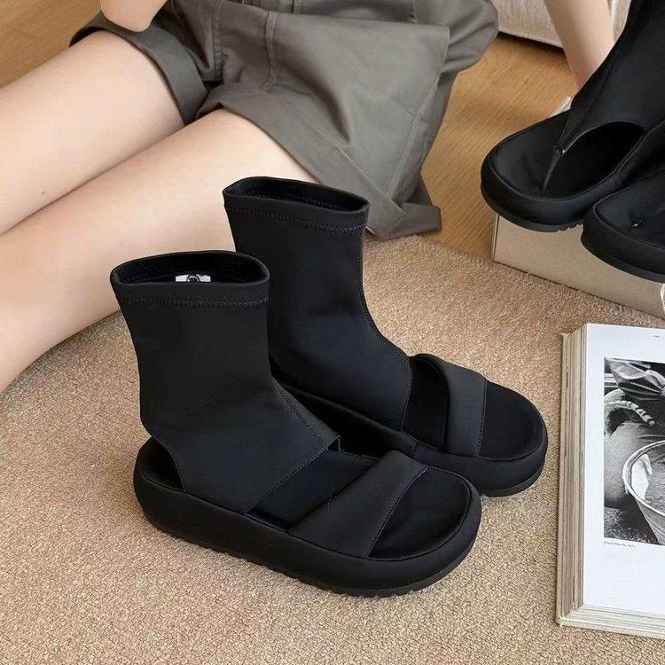 Thick-soled Roman cool boots 2025 new small summer fashion open-toed thin boots hollow short boots super soft height increase